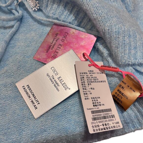 Two-Piece Skirt Sweater Set Cashmere Wool Blend Baby Blue White O/S NWT - Picture 5 of 5